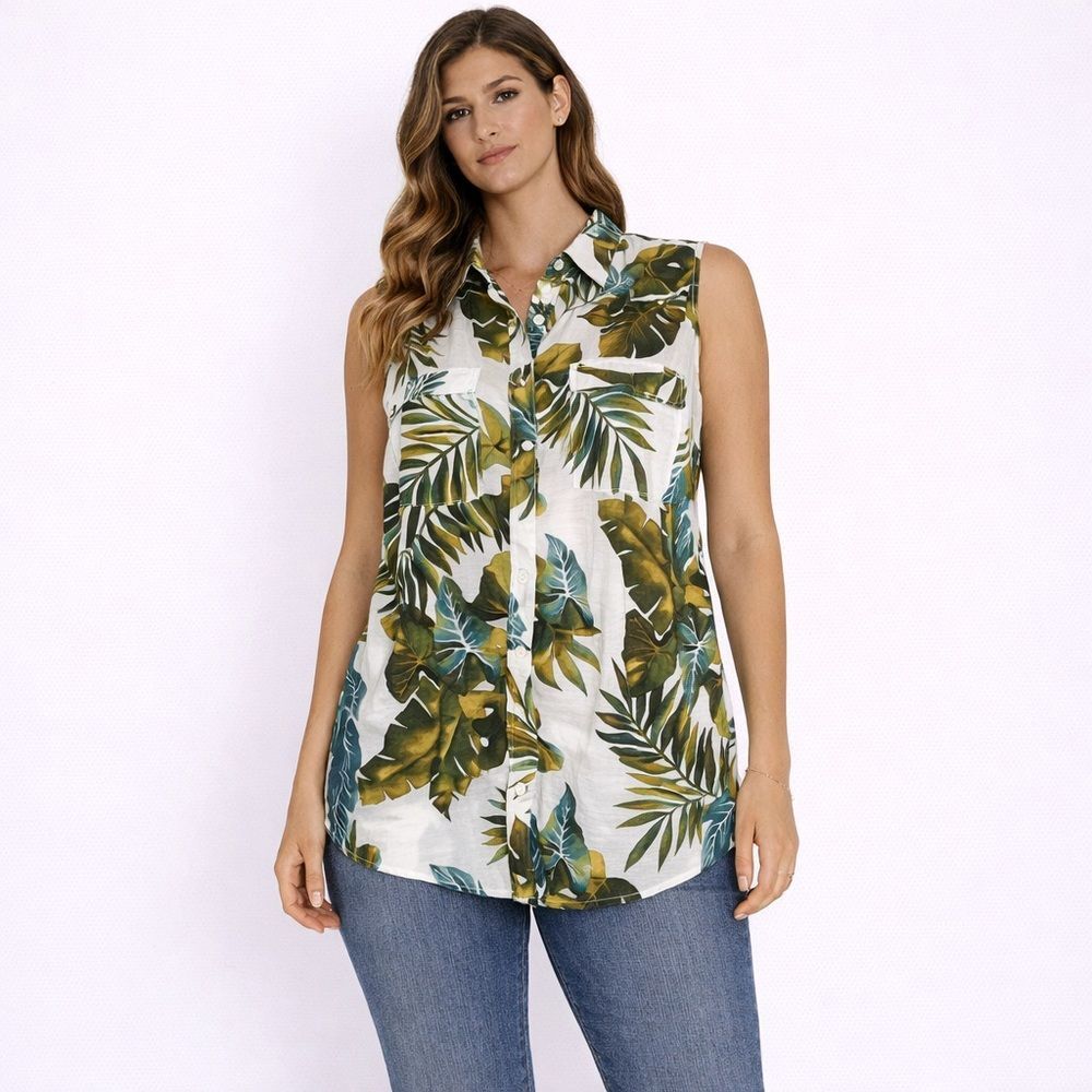 Van Heusen Green and Blue Leaf Print Sleeveless Shirt